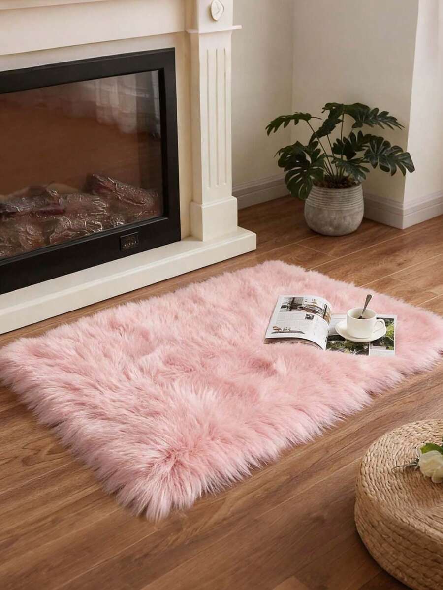 1pc Pink Faux Fur Living Room Decor Rug, Fluffy Machine Washable Small Carpet, Suitable For Bedroom, Living Room, Game Room, Luxury Room Decoration, White Rectangular Fur Rug, Vanity Mat, Home Decor Minimalist Ins Style Decorative Carpet, All Season Use - Pink - View 1