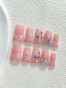 萬聖節主題 10片甜美風手工穿戴甲 Polygel 美甲套組，星爆蜘蛛網設計，粉色與白色指甲，粉色哥德風，3種尺寸可選：杏仁形/鴨嘴形/棺材形，適合派對、舞會、日常配戴（手工細節可能有所不同） - 彩色 - 查看 15