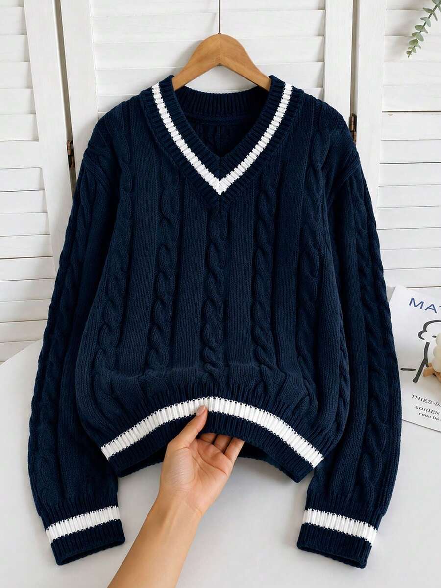1pc Girls Casual Versatile Comfortable V-Neck Outdoor Commute Party Top, Autumn/Winter - Navy Blue - View 1