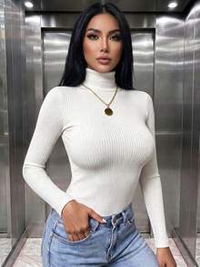 女款休閒羅紋條紋高領長袖修身T恤，適合日常穿著，秋冬上衣套裝，可愛外出風，白色 - 白色 - 查看 1