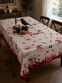 1pc Horror Bloody Handprint Halloween Polyester Tablecloth, Red Blood Splatter, Handprint & Scratch Print Rectangular Table Cover For Haunted House, Halloween Party And Spooky Table Decor - Multicolor - View 6