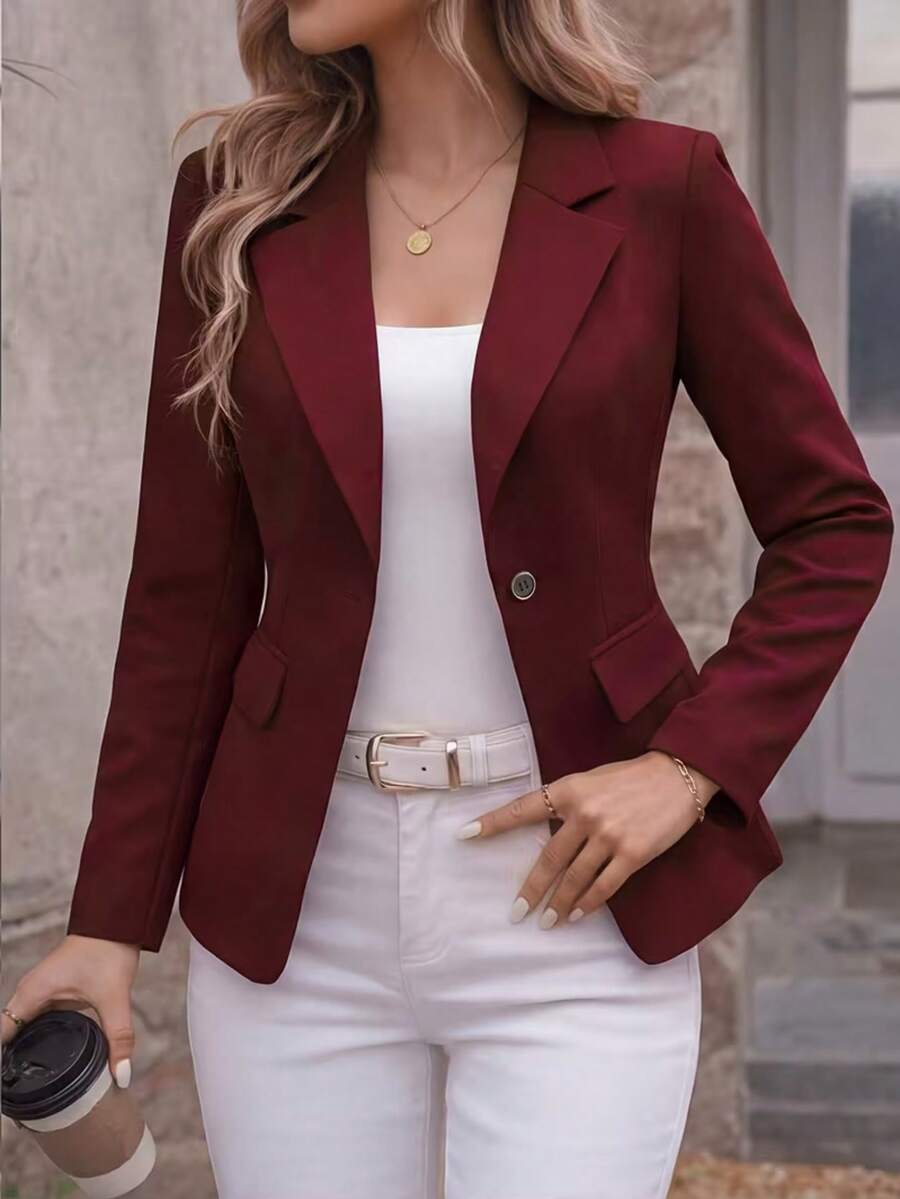 Women's Burgundy Fitted Woven Fabric Long Sleeve Blazer, Suitable For Autumn/Winter, Suitable For Office Commute