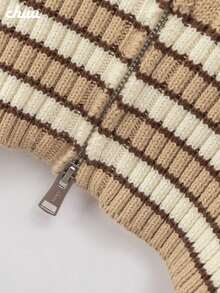 CHUU Striped Long Sleeve Knit Cardigan Women Spring Autumn Sweater Letter Embroidery Colorblock Zipper Short Jacket - Khaki - View 9