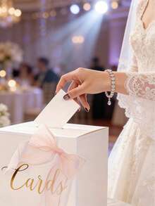 1組優雅白色金箔「Cards」婚禮卡片盒，附粉色歐根紗蝴蝶結，裝飾性許願卡盒，適用於婚禮接待、新娘派對、生日派對、畢業典禮、週年紀念與節日慶祝 - 風格A - 查看 4