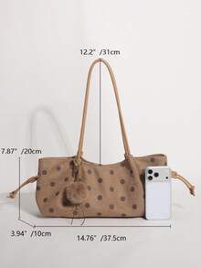 Khaki Polka Dot Underarm Tote Bag With Dual Drawstring Design, Women's Shoulder Bag With Pom Pom Pendant, Suitable For Commuting And Shopping - Khaki - View 4