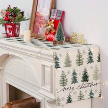 Elegant Linen Texture Christmas Table Runner, Classic Green Pine Trees And Snowflakes Print Holiday Table Cover, Versatile Merry Xmas Decoration For Dining Room Kitchen And Home Decor - Multicolor - View 7