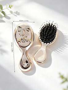 1pc/Small Portable Luxury Rhinestone Electroplated Metal Texture Air Cushion Hairbrush, Exquisite Princess Style Champagne Rose Gold, Oval Compact Handle Design, Rhinestone Bow & Love Letter Decoration, Detangling Scalp Massage, Home Dressing & Travel Hair Care Set - Air Cushion Comb - View 3