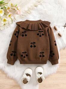 1pc Baby Girl Cherry Jacquard Knit Cardigan With Ruffle Collar, Long Sleeve Button-Up Sweater Jacket, Spring/Autumn Infant Open Front Coat - Coffee Brown - View 2