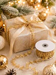 1pc Gold/Silver Snowflake Satin Ribbon 2 Yards, Snowflake Lace Sequin Decorated Colorful Ribbon, Suitable For DIY Crafts, Gift Wrapping, Bows, Party, Wedding, Christmas Celebration Decoration - Snowflake - View 6