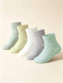 5 Pairs Kids Socks, Solid Color Minimalist Style, Boys Girls Baby Toddler Big Kids, Japanese Versatile Mid-Calf Socks - Multicolor - View 1