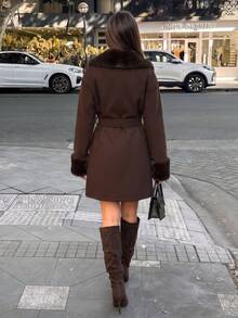 Women's Solid Color Faux Fur Patchwork Pocket Jacket For Vacation - Brown - View 7