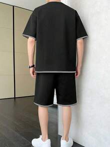 Men's Summer Contrast Color Round Neck Drop Shoulder Loose Casual T-Shirt And Drawstring Waist Shorts Set - Dark Grey - View 3
