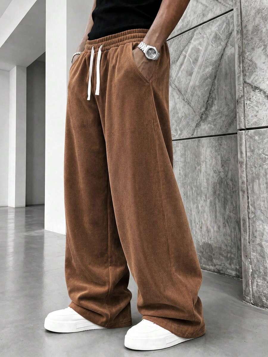 Men's Corduroy Cargo Pants With Elastic Drawstring Waist, Multiple Pockets, Wide Leg Casual Long Pants, Autumn/Winter - Coffee Brown - View 1