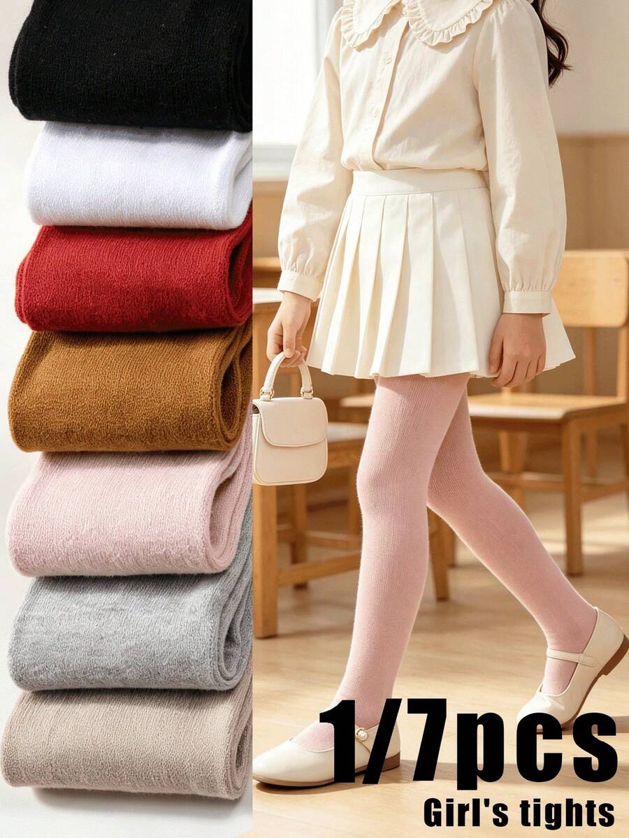 1/7pcs Girls Solid Color Tights, Skin-Friendly High Elastic Breathable ...