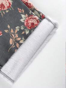 Women's Plus Size Warm Lined Straight Leg Pants, Floral Print Drawstring Pocket Design, Comfortable For Autumn/Winter Wear - Grey - View 4