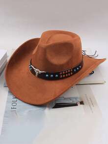 Unisex Western Cowboy Hat, Suede Hat, Black Cowboy Hat, With Metal Bull Head Decoration, Turquoise Color Rivet Leather Strap, Windproof Chin Strap, Suitable For Rodeo, Festival Celebration, Party, Halloween Costume, Bohemian Style Party, Halloween Outfit And Commuting Travel Use. - Multicolor - View 9