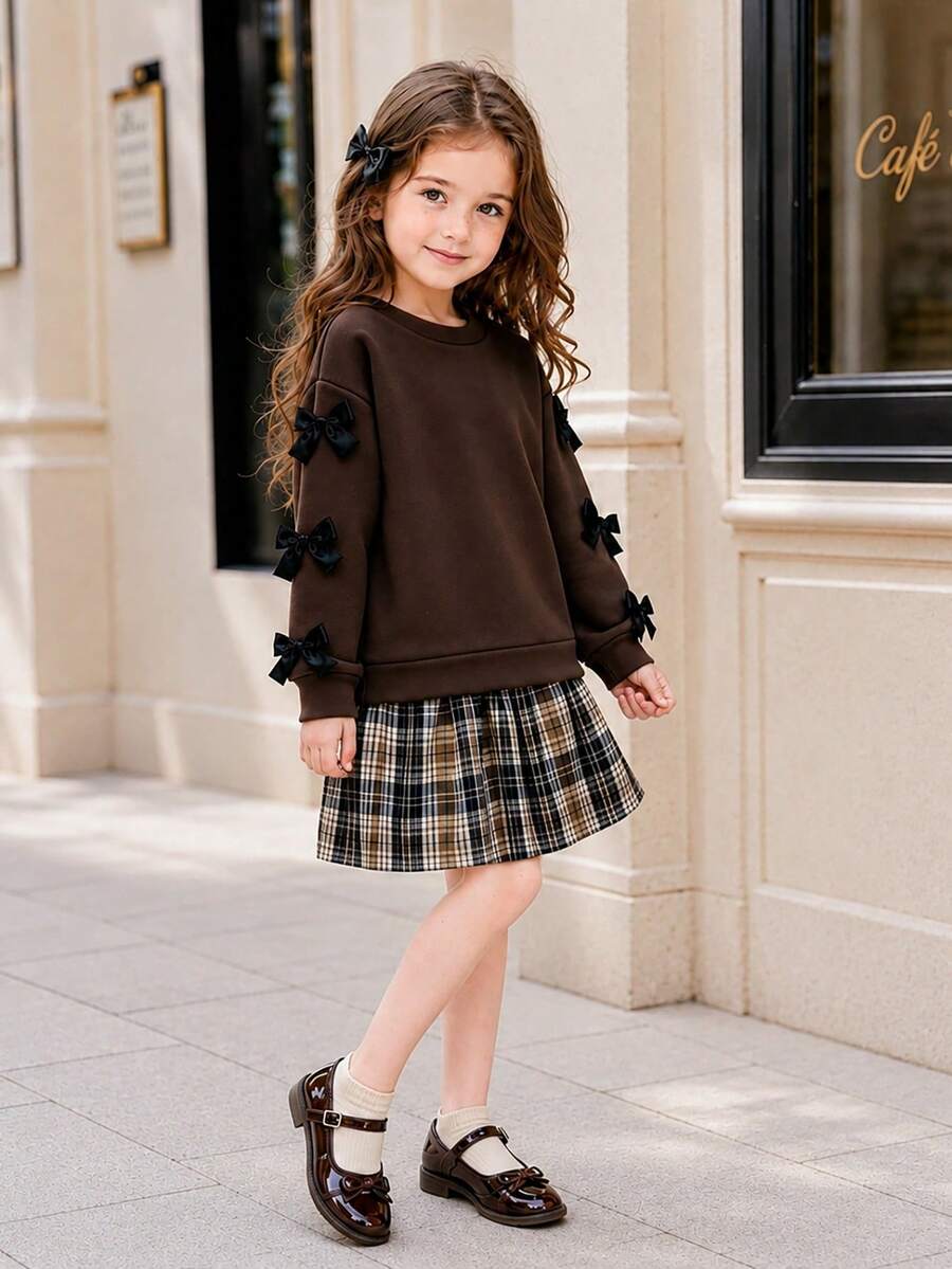 Gaun Sweatshirt Pita Musim Gugur untuk Anak Perempuan Usia 4-8 Tahun, Gaun Patchwork Kotak-kotak Lengan Panjang Cokelat 2 in 1, Pakaian Musim Gugur untuk Anak Perempuan TK - Coffee Brown - View 1