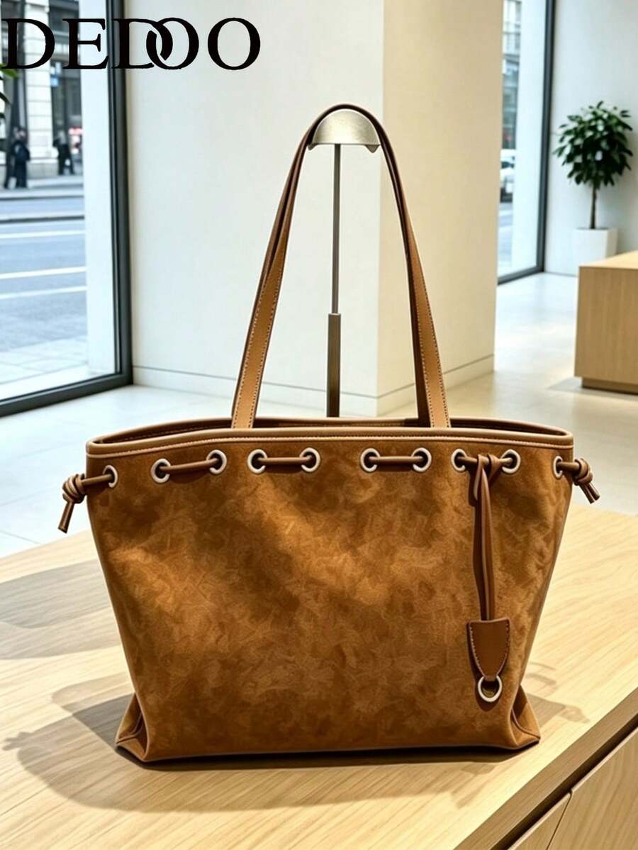 Dedoo Tote Drawstring Bag,Suede With PU Trim, Metal Eyelet Drawstring Design, No Charms Attached, Large Capacity, Autumn Winter Daily Commute For Ladies