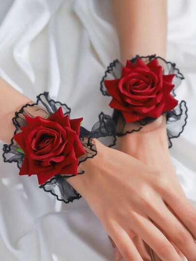 1 peça/2 peças Flor de Rosa Premium do Dia dos Namorados com Corsage de Renda Elegante para o Pulso, Adequado para Noivo, Noiva, Padrinho, Madrinha, Uso em Casamento, Eventos de Banquete, Festas Noturnas, Lembranças de Viagem, Atividades do Dia dos Namorados, Uso em Feriados de Halloween