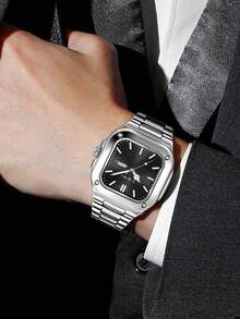 TOMI Men's Quartz Watch Set With Logo Brooch And Ring, Fashion High-End Business Style, Diamond-Studded Dial, Square Face, Calendar, Gift Box Set, Suitable For Daily Wear And Business Activities, Father's Day Gift, Valentine's Day Gift, Christmas Gift, Year-End - Silver - View 10