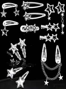 14pcs Personalized Star Hair Clips Set, Metal Star Gothic Style Hair Clips, Hair Chains, Hair Accessories, Headwear, Y2K Hip Hop Sweet Style - Silver - View 3