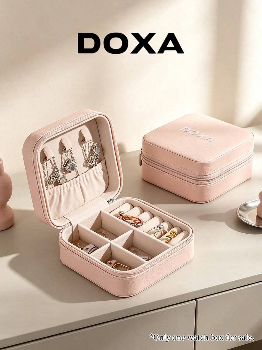 DOXA Portable Travel Jewelry Box, Zipper Jewellery Storage Case For Rings Earrings Necklaces, Small Compact Jewelry Organizer For Women Girls - Pink - View 1