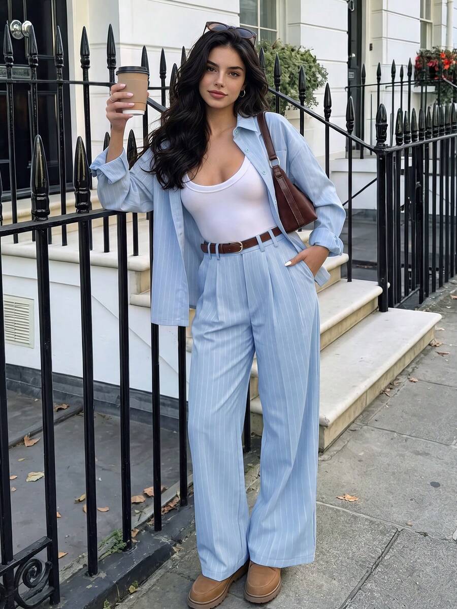 Aflion Women Summer Fall Light Blue Pinstripe Wide Leg Pants, High Waist Pleated Back Elastic Waist Casual Trousers With Pockets - Sky Blue - View 1