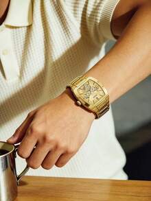 Guess Men's Tonneau‑Shaped Quartz Watch Cream‑Toned Semi‑Skeleton Multi‑Function Dial Rivet‑Decorated Case Bold Retro‑Luxury Chronograph‑Style Watch - Gold - View 2