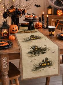 1pc Halloween Linen Table Runner, Vintage Gothic Rectangular Table Decor With Haunted House, Pumpkin, Bat And Bare Tree Print, Farmhouse Tabletop Decoration For Halloween Party, Kitchen And Home - Multicolor - View 6