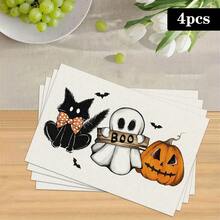 1/4/6pcs Halloween Series Cute Boo Ghost & Black Cat Print Placemats, Heat Resistant Table Mats For Home Kitchen, Tabletop Protection, Kitchen Dining Table, Party Decor - Multicolor - View 16