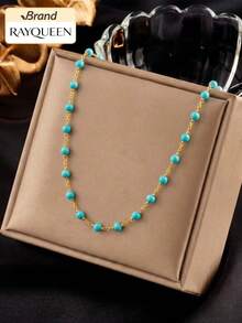 RAYQUEEN 1pc Bohemian Style Necklace, Stainless Steel Waterproof Chain, 18K Gold Plated, Versatile Turquoise Design - Gold - View 1