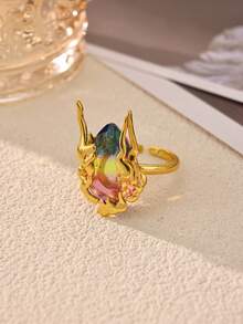 Vintage Large Gradient Colorful Teardrop-Shaped Synthetic Gemstone Flame Pattern Women's Gold Open Ring, 18K Gold Plated Charming Jewelry Accessory For Wedding, Holiday, Party - Multicolor - View 6