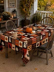 1pc Vintage Patchwork Halloween Polyester Tablecloth, Black Cat, Pumpkin, Ghost, Bat, Skeleton & Plaid Print Rectangular Table Cover For Halloween Party, Dining Room, Kitchen And Home Decor - Multicolor - View 16