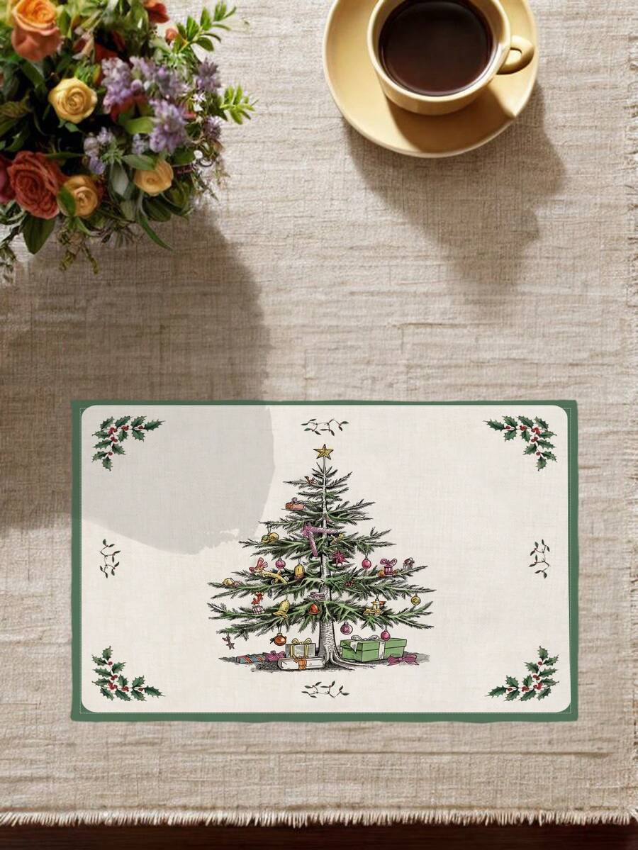 2/4/6Pcs Heat‑Resistant Farmhouse Placemats, Vintage Sketch Christmas Tree Holly Table Mats For Round Table, Patio, Holiday Party, Kitchen Home Dining Table Tea Party Decor - White - View 1