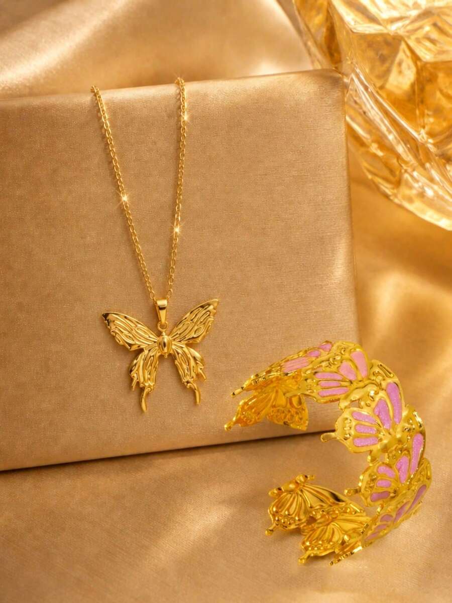 VceTd2PCS Fashion Vacation Style Stainless Steel Women's Jewelry Set With Gold-Colored Butterfly Pendant Necklace And Enamel Color Bracelet, Suitable For Daily Wear, Dating Or Vacation - Yellow Gold - View 1