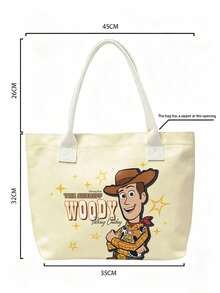 Miniso Disney Toy Story Woody The Sheriff Woody Canvas Tote Bag, Beige Shoulder Bag With Handles For Daily Use - White - View 6