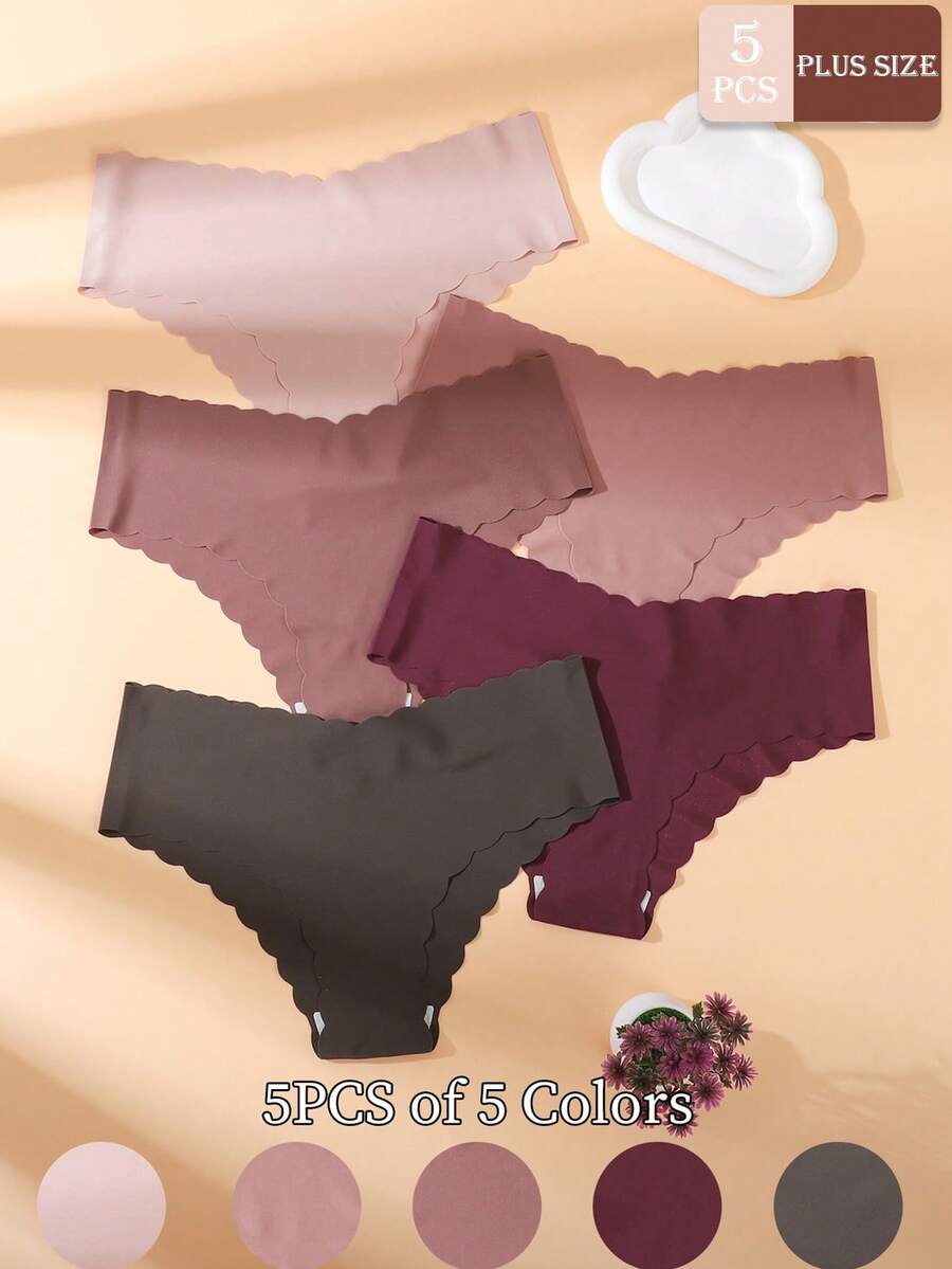 5pcs Plus Size Solid Color V-Waist Wavy Lace Trim Seamless Women's Triangle Panties, Smooth Comfortable Fabric Invisible No-Digging Plus Size Underwear - Multicolor - View 1