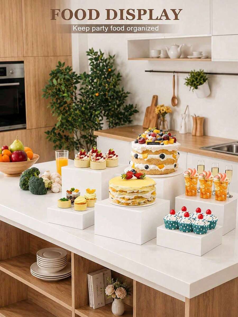 6/3 Pcs Acrylic Display Riser Set, Square White Pedestal Bases In Different Sizes, Stackable Cake And Dessert Display Stands For Food, Cupcakes, Jewelry And Decorative Items, For Party, Wedding, Home Decor And Tabletop Presentation