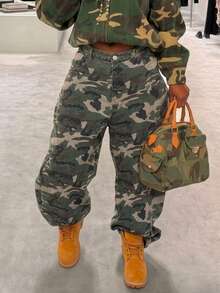 Women's Y2K Casual Camouflage Loose Bucket Jeans - Khaki - View 4