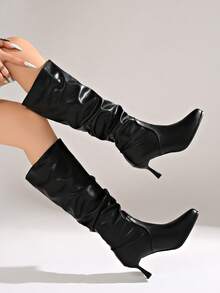 Women's Plus Size Square Toe Ruched High Shaft Tall Boots, Slim Fit High Heel Solid Color Slip-On Long Boots, Elegant Fashion Tall Boots, Suitable For Office, Dating, Party, Autumn/Winter Daily Wear - Black - View 5