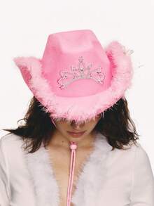 Popjeli 1pc Women's Autumn Party Rhinestone Pink Crown Cowboy Hat, Halloween Feather Edge Festival Party Hat Suitable For Daily Wear - Multicolor - View 3