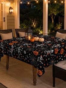 1pc Halloween Skeleton Print Polyester Tablecloth, Black Dancing Skeleton, Pumpkin, Spider Web, Star And Spider Pattern Rectangular Table Cover For Halloween Party, Dining Table, Kitchen And Home Decor - Multicolor - View 6