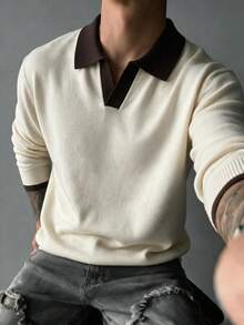 Men's Contrast Collar Long Sleeve Knit Pullover, Business Casual Style Fashion Top - Apricot - View 6