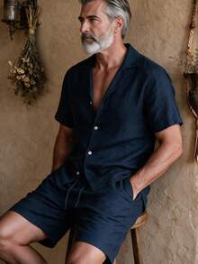 GOLDREDY Men's Fashion Retro Linen-Textured Fabric Lapel Collar Short Sleeve Shirt And Matching Shorts Set - Navy Blue - View 1