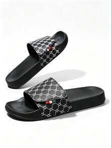 1 Pair Interlocking Plaid Pattern Sporty Slide Sandals, Outdoor Beach Slippers, Indoor Home Slippers, Suitable For Daily Wear, Soft Sole, Q-Elastic, Hook And Loop Adjustable - Black - View 3