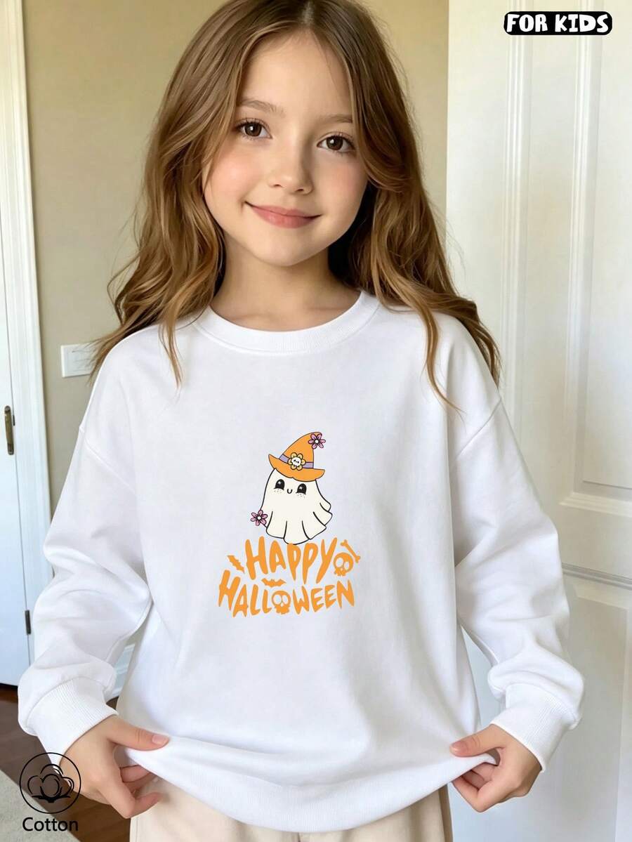 Kids' Cute Cat Halloween Sweatshirt: Long Sleeve Crew Neck, Loose Fit, Breathable & Comfortable For Spring/Fall Outdoor Play - White - View 1