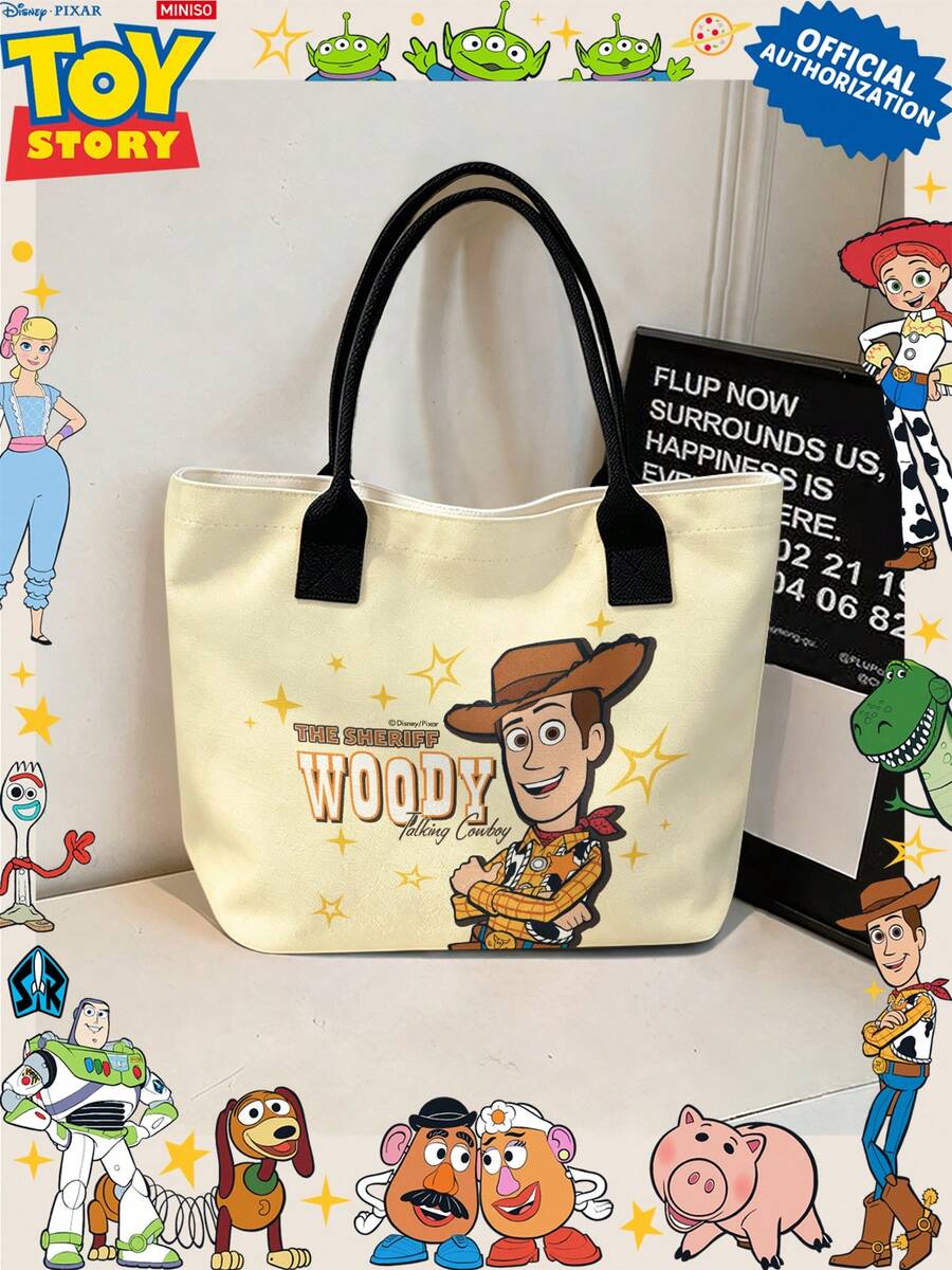 Miniso 迪士尼玩具總動員 Woody 警長畫布托特包 米色手提肩背包 日常使用 - 黑色 - 查看 1