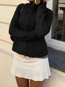 女款復古街頭風高領拉鍊針織開襟衫 - 黑色 - 查看 3