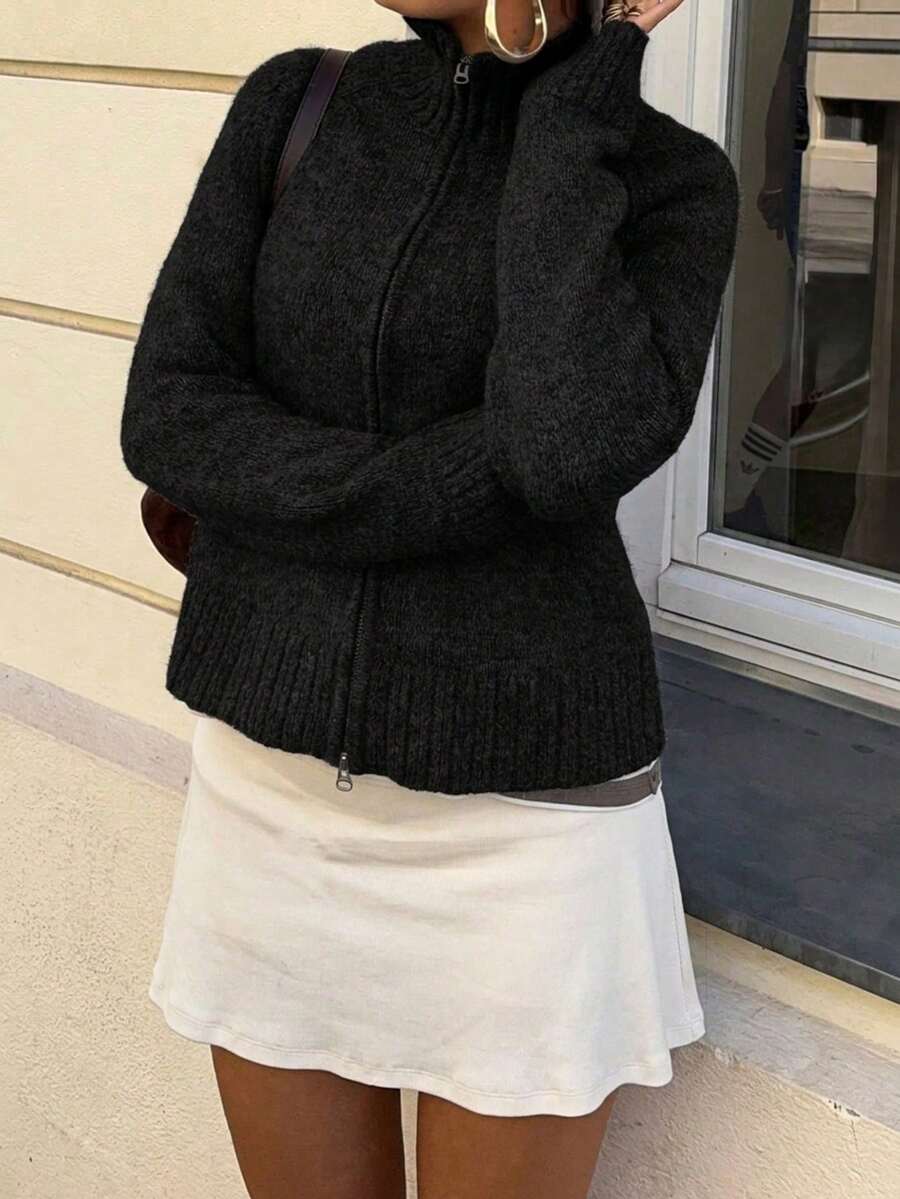 Women's Vintage Street Style High Neck Zipper Knit Cardigan - Black - View 1
