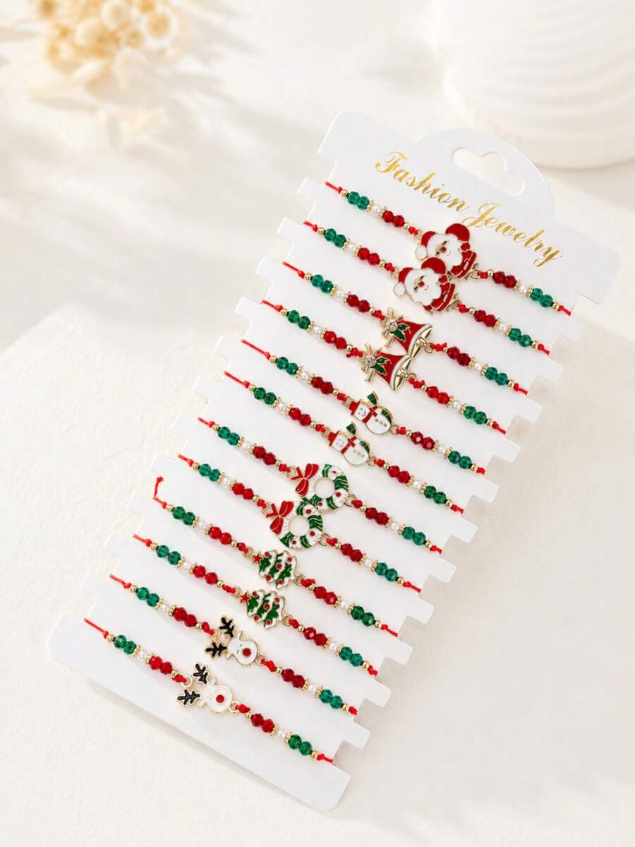 Christmas Beaded Charm Bracelet For Women With Santa Claus, Snowman, Reindeer, Bell, Wreath And Christmas Tree Design, Red And Green Holiday Jewelry